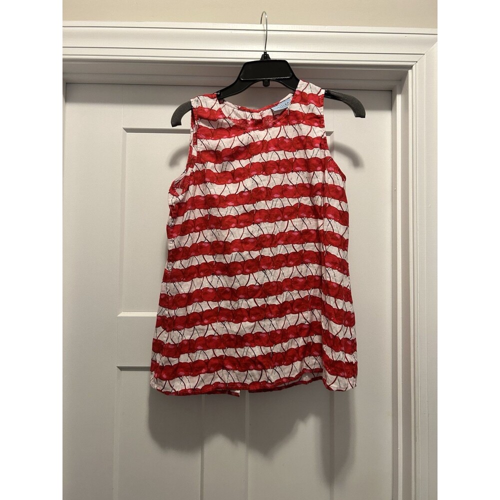 Cynthia Rowley Womens White Red Cherry Print 100% Linen Round Neck Size Medium